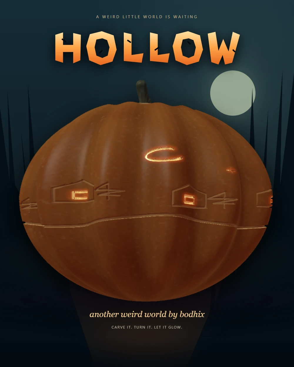 Hollow: a candlelit pumpkin carved into a tiny village beneath a moonlit forest